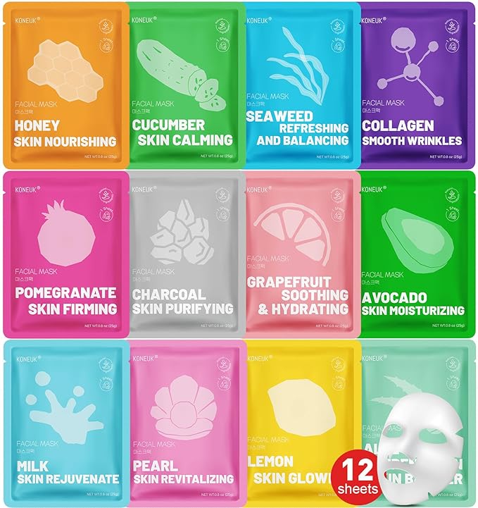 12 Pack Collagen Hydrating Face Masks Skincare, Sheet Face Mask for All Skin Types, Facial Masks Set for Women Skin Care, Face Mask Bulk Spa Gifts for Women