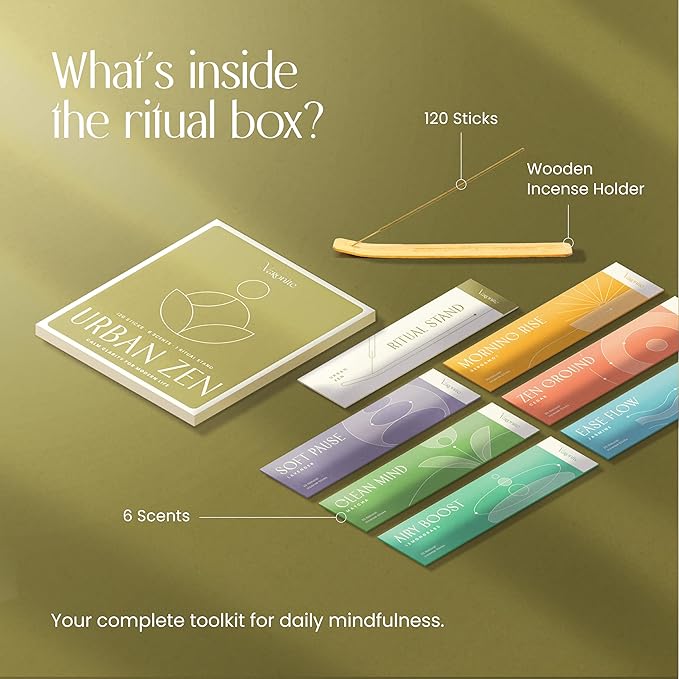 Urban Zen Incense Sticks with Holder - Incense Stick Variety Pack (120 Insence-Sticks) - Bergamot, Lavender, Matcha, Lemongrass, Cedar, Jasmine – Relaxation, Mindful Living & Home Fragrance