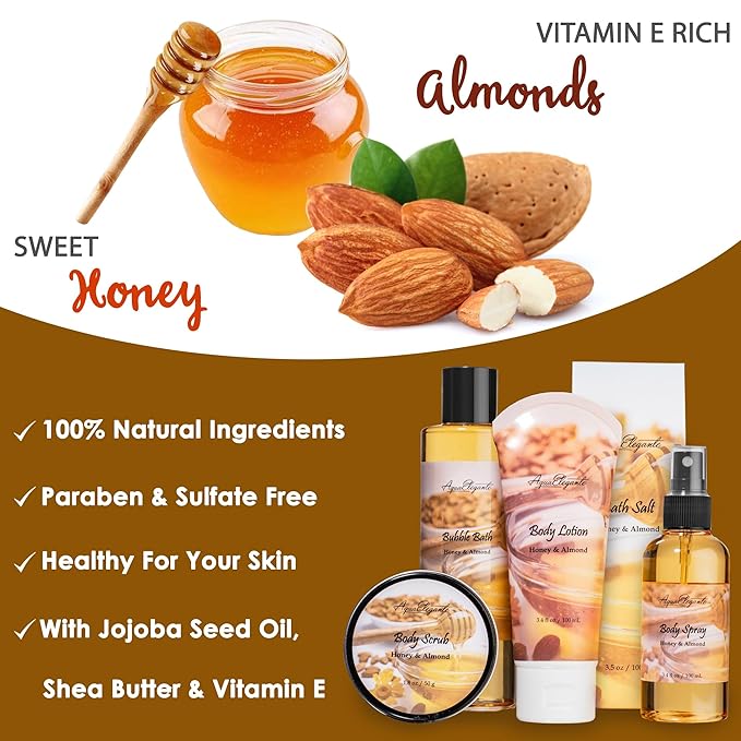 Spa Baskets For Women - Luxury Bath Set With Honey & Almond - Spa Kit Includes Wash, Bubble Bath, Lotion, Bath Salts, Body Scrub, Hand Cream, Shower Puff, Bathbombs, Soap and Towel - Bloomnest