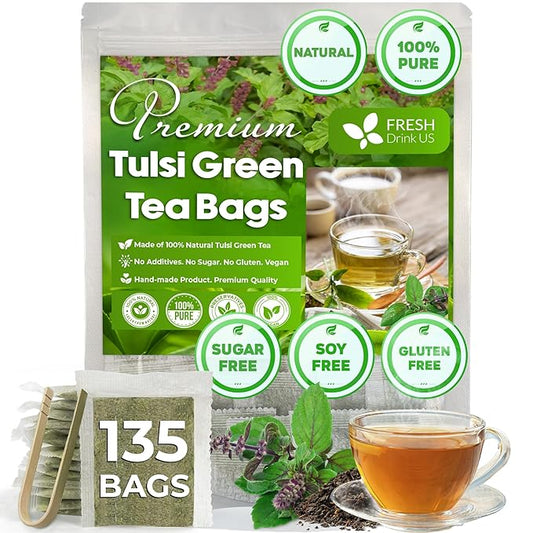 FreshDrinkUS, Premium 135 Tulsi Green Tea Bags, 100% Natural, Blend of Tulsi Holy Basil Leaves, and Green Tea Leaves. Made with Natural Material Tea Bags. No Sugar, Vegan. - Bloomnest
