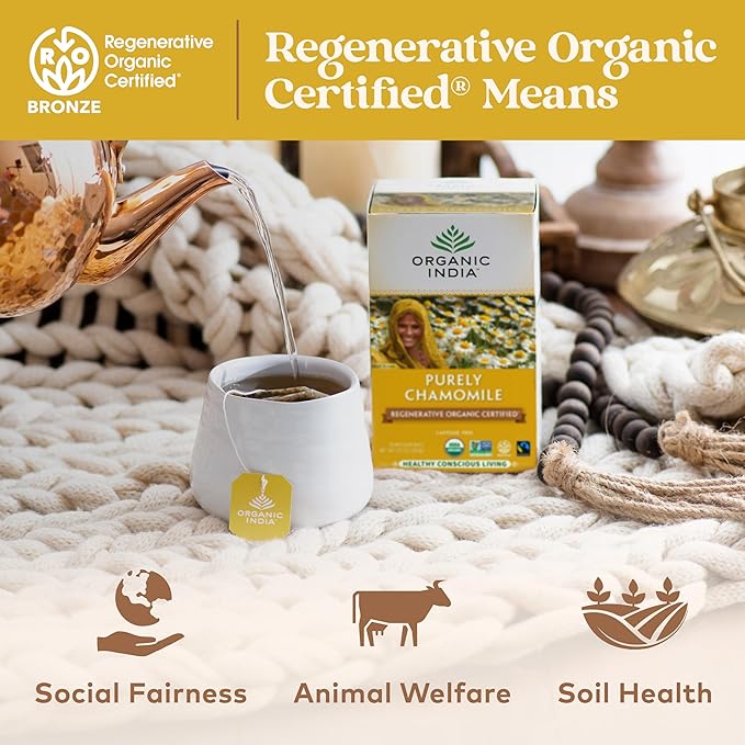 Organic India Purely Chamomile Tea - Regenerative Organic Chamomile Flowers, Caffeine Free, Calming & Relaxing Herbal Tea, Natural Support for Sleep & Relaxation - 18 Bags, Pack of 3 - Bloomnest