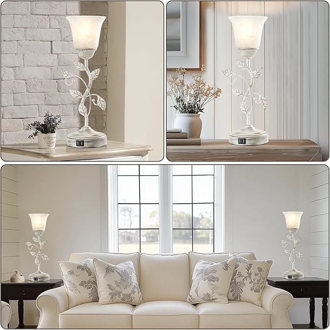 RORIANO Set of 2 Rustic Touch Table Lamps for Bedroom, 3-Way Dimmable Nightstand Flower Lamp with 2 USB Ports, Retro White Glass Shade Leaf Lamp for Living Room Entryway, 2 LED Bulb Included - Bloomnest
