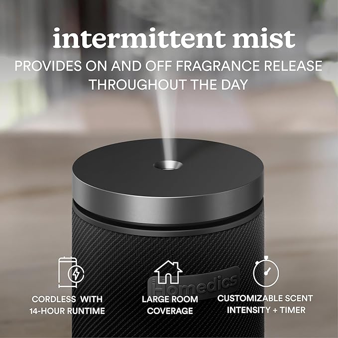 Homedics SereneScent Fabric Rechargeable Waterless Diffuser, Use with Homedics SereneScent Oil 120ml (Sold Separately) Cordless Aromatherapy, Adjustable Mist & Timer, 6 Calming Lights, Black - Bloomnest