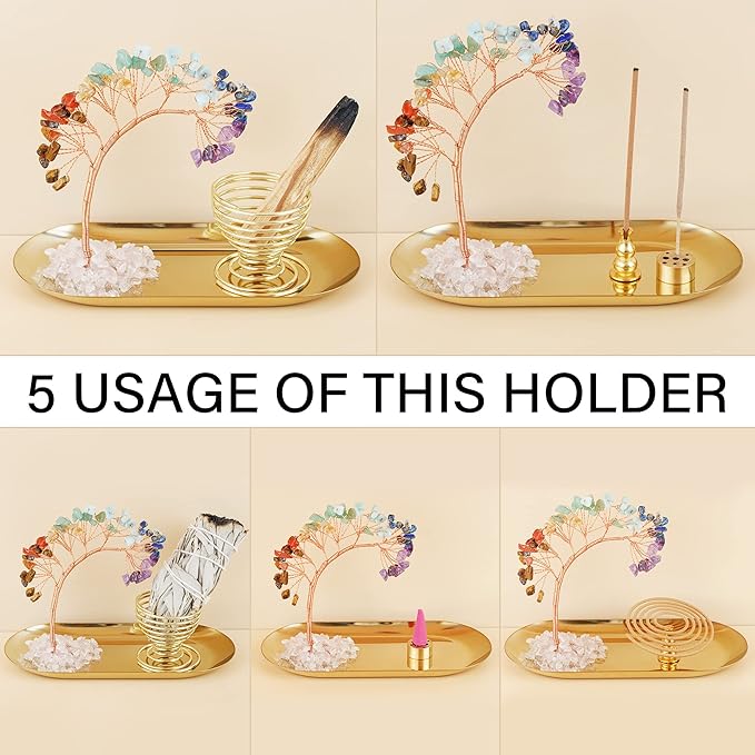 ZenBless 7 Chakra Healing Crystal Tree Incense Holder Palo Santo Sage Burner Brass Ash Catcher for Incense Sticks Coil Cones Yoga Meditation Zen Spiritual Room Home Decoration (Oval) - Bloomnest