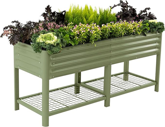 Elevated Raised Garden Bed-V Series, 2' x 6' Garden Beds with Legs & Storage Rack for Patio Porch, 1000 Lbs Weight Capacity, Outdoor Planter Boxes for Gardening Herbs Vegetables Flowers, Olive Green - Bloomnest