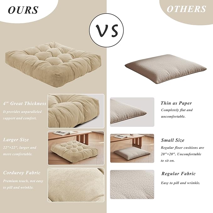 Meditation Floor Pillow 22×22 Inch 1 Pack Large Floor Cushions for Adults Square Tufted Corduroy Floor Pillows for Yoga Living Tatami Room Beige - Bloomnest