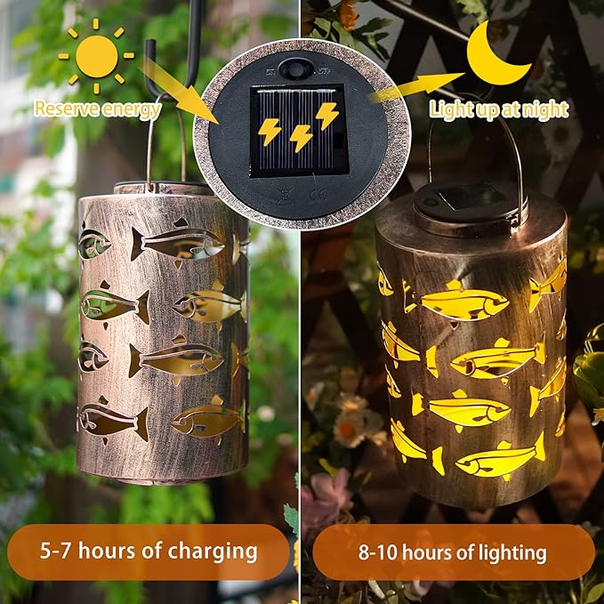 HONGLAND Solar Hanging Lanterns Outdoor, Waterproof Hollowed-Out Fish Design with Warm White LED, Auto On/Off Solar Lantern for Garden, Patio, Porch Decor - Bloomnest
