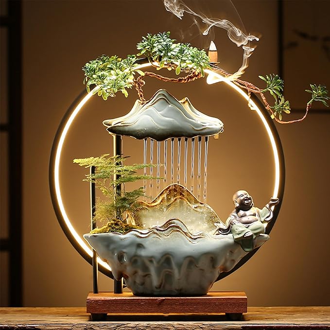 Buddha Tabletop Fountain Indoor Waterfall Fountain Office Tabletop Water Fountain with Lights Backflow Incense Burner Ceramic Indoor Zen Decor for Home Office Yoga Meditation (Buddha) - Bloomnest