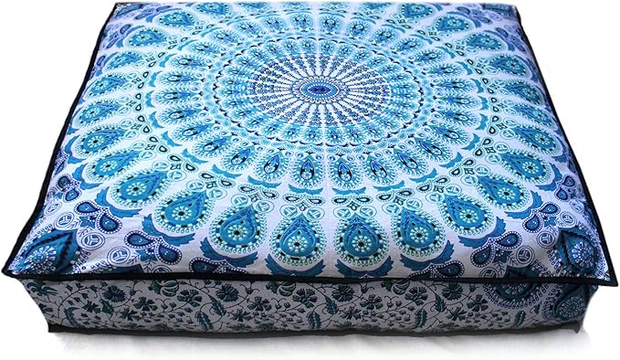 INDIAN CRAFT CASTLE 24" Green Peacock Mandala Barmeri Large Floor Pillow Cover Cushion Meditation Seating Ottoman Throw Cover Hippie Decorative Zipped Bohemian Pouf Ottoman Pom Pom Cases 24" Square - Bloomnest