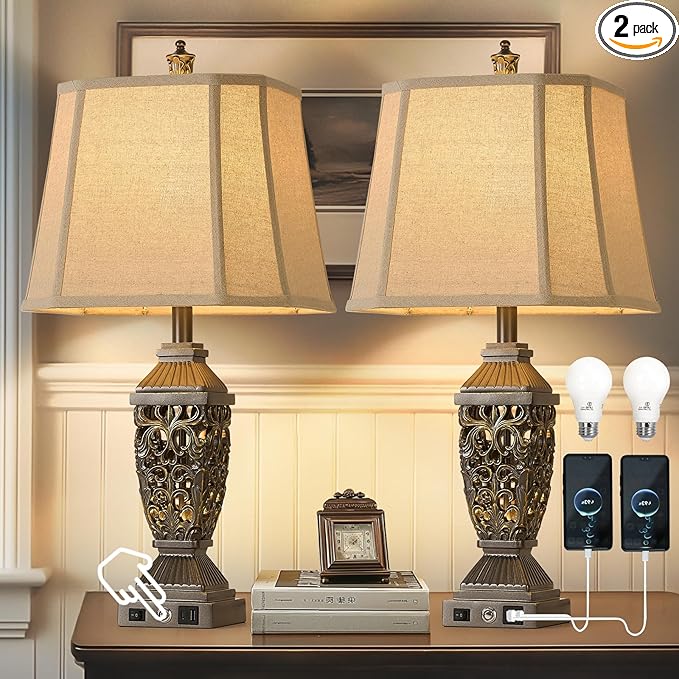 AIDENOEY 27.5“ Farmhouses Table Lamp with USB & USB-C Charging Ports, 3-Color Dimmable & Stepless Bottom Dimming, Touch Control & Switch, Vintage Bedside Lamp for Bedroom Living Room Office,(Brown)