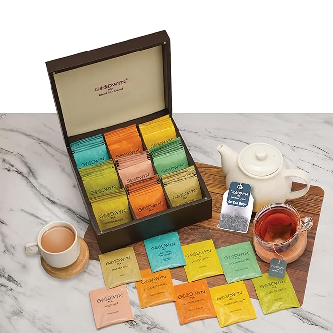 Goodwyn Assorted Tea Sampler Box – 90 Individually Wrapped Tea Bags | Premium Herbal, Black & Green Tea Collection in Reusable Wooden Chest | 9 Flavors x 10 Each: Peppermint, Chamomile, Assam, Darjeeling, Lemon, Green Tea, Kahwa, Jasmine, Earl Grey | I... - Bloomnest