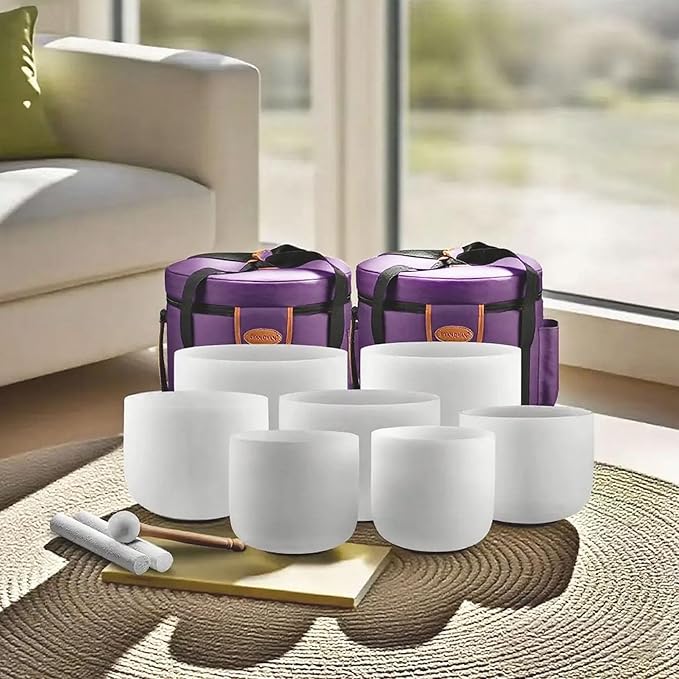 RYAN DVAN 432Hz 6-12 Inch Crystal Singing Bowl Set of 7 with Free Carrying Case, Frosted Quartz Sound Bowls for Chakra Healing, Meditation,Yoga,Sound Therapy,Mindfulness,Relaxation & Stress Relief - Bloomnest