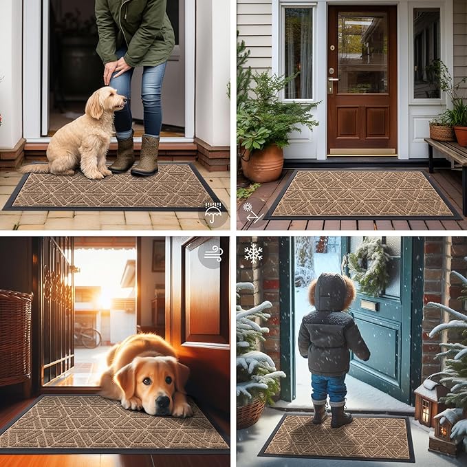 Smiry Front Door Mat Outside Entrance, Heavy Duty Sturdy Natural Rubber Doormat, Trap Dirt and Moisture, Easy Clean Low Profile Mats for Indoor Outdoor Entry, Grid Geometric (29.5x17, Coffee) - Bloomnest
