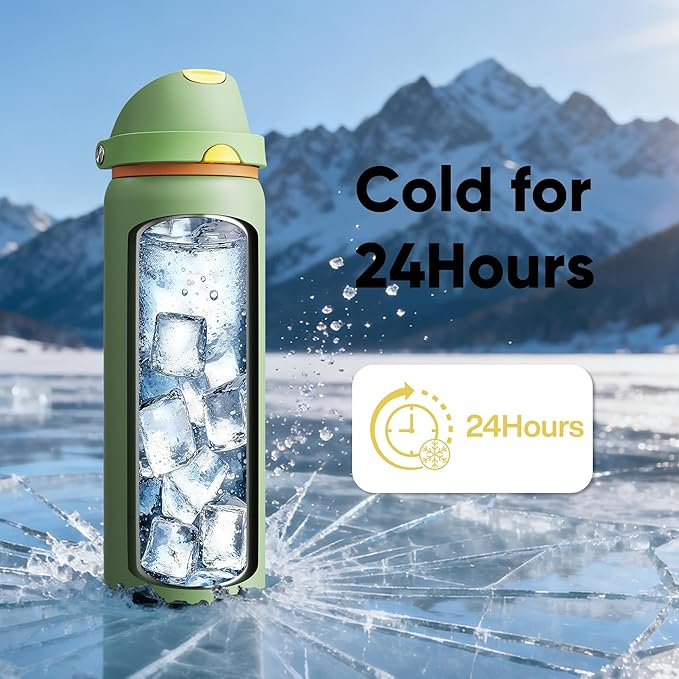 Insulated Water Bottle with Straw - Encool Stainless Steel Water Bottle with Push Button Lid, Leak-Proof & BPA-Free, Keeps Cold for 24 Hours for Sports, Travel, Gym (32 oz, Lichen-Yellow) ENCOOL