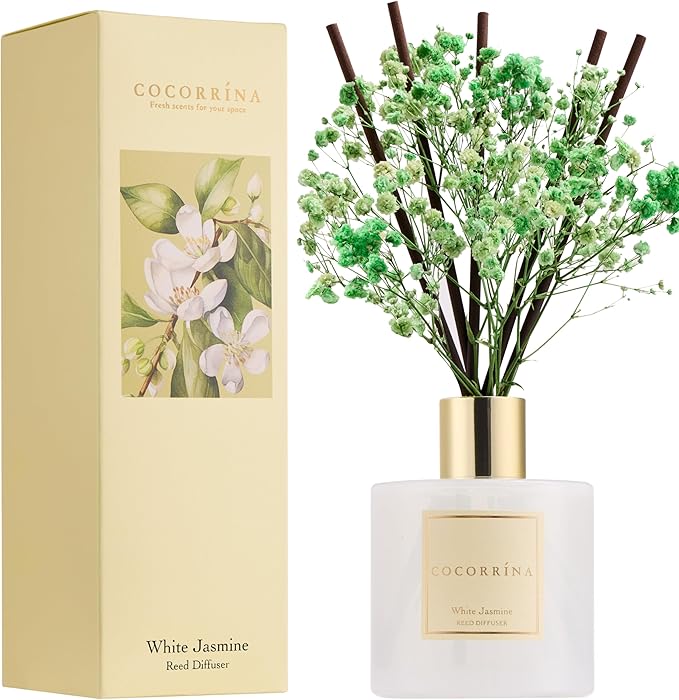 COCORRÍNA Reed Diffuser - White Jasmine 6.7 Fl.oz Reed Diffuser Set with Sticks & Preserved Baby's Breath, Reed Diffuser for Home Bathroom Shelf Decor - Bloomnest