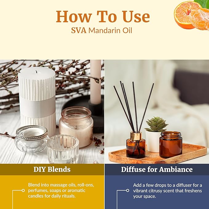 SVA Mandarin Essential Oil – 4 Fl Oz – 100% Natural Mandarin Oil - for Diffuser, Hair Care, Face, Skin Care, Aromatherapy, Scalp and Body Massage, Soap and Candle Making – with Dropper - Bloomnest