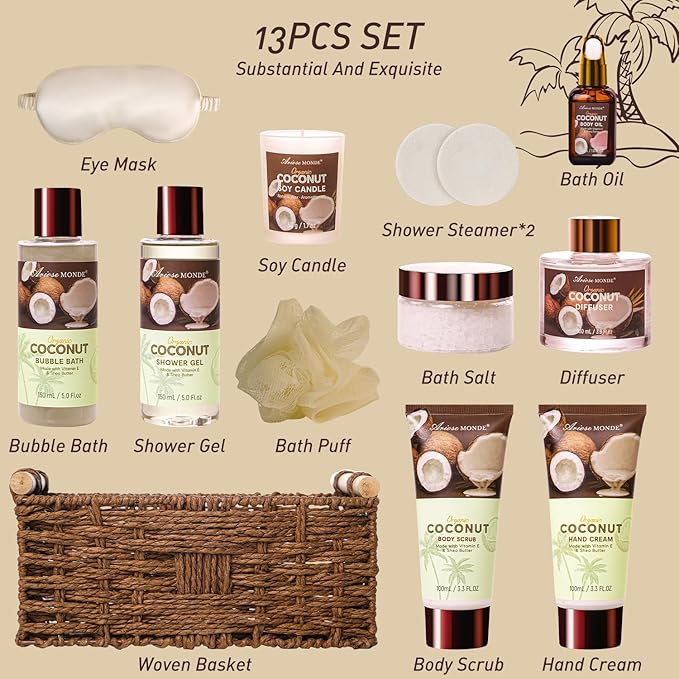 Spa Gift Baskets for Women, Coconut Bath Gift Set for Women Include Bubble Bath, Shower Steamers, Bath Salt. Bath and Body Spa Kit, Mom Birthday Gifts from Daughter, Birthday Gift Basket for Mom