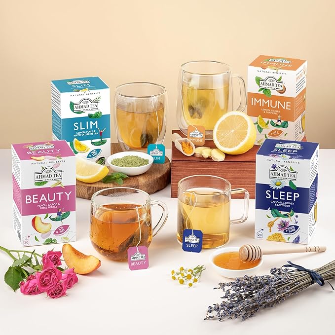 Ahmad Tea Natural Benefit Functional Tea Selection Pack | Green teas, Fruit & Herbal Infusions | Perfect herbal tea gift - 60 Teabag Sachets | 6 blends - Bloomnest