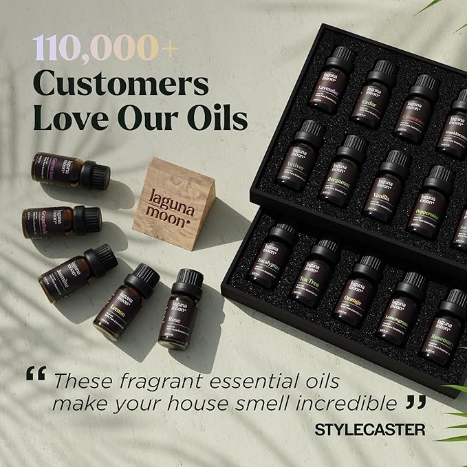 Lagunamoon Essential Oils Set, Top 20 Gift Set Oils for Diffusers, Humidifiers, Aromatherapy, Candle Making Scents, Cars & Home Products, Peppermint, Tea Tree, Lavender, Eucalyptus, Lemongrass (10mL) - Bloomnest