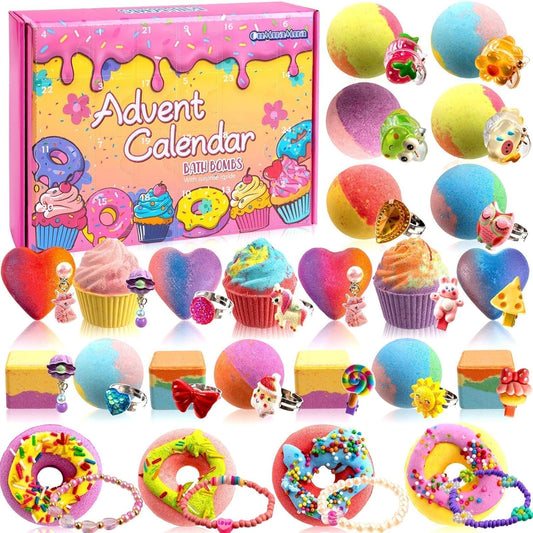 Bath Bombs Advent Calendar 2025 Kids with Surprise Toys Inside 24 Days of Christmas Countdown Calendar Donut Cupcake Bath Bombs Set Birthday Christmas Gifts for Kids Girls