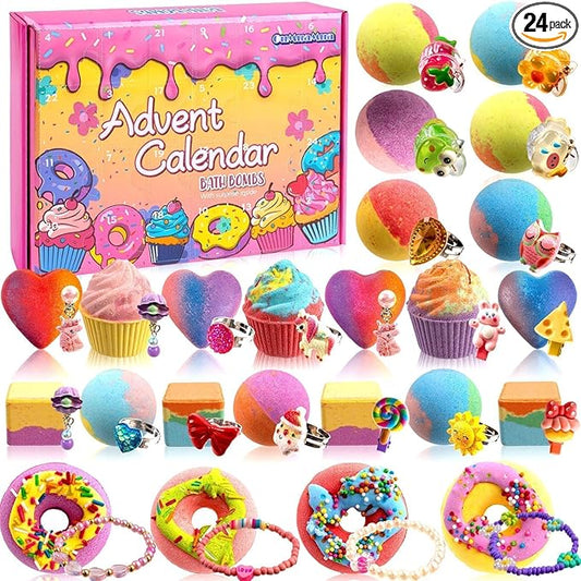 Bath Bombs Advent Calendar 2025 Kids with Surprise Toys Inside 24 Days of Christmas Countdown Calendar Donut Cupcake Bath Bombs Set Birthday Christmas Gifts for Kids Girls - Bloomnest