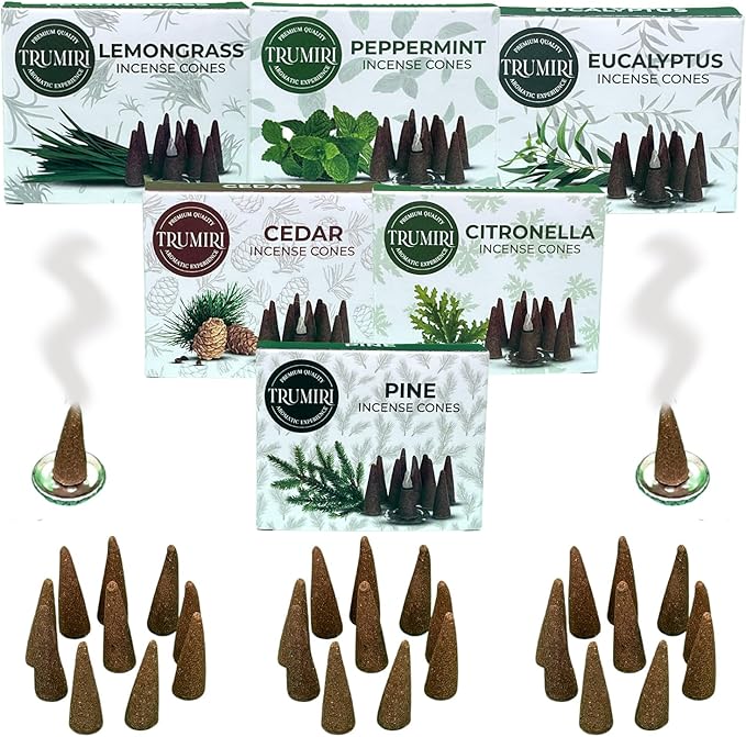 TRUMIRI Leafy Incense Cones - Variety Pack - Total 60 Cone Incense (6 Scents x 10 Conos) - Citronella Lemongrass Eucalyptus Peppermint Cedar Pine - Cone Incense Scents - Insense Cones - Incent Cone