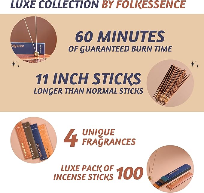 Folkulture Incense Sticks (100 Sticks) | Set of 4 (11') Premium Incense for Prayer, Aromatherapy | No Charcoal, Organic, Non Toxic, 60 Mins, Long Burning Orchid, Leather Oud, Sea Salt Insence-Sticks FOLKULTURE