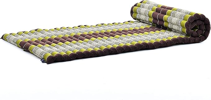 Leewadee - Foldable Floor Mattress - Japanese Roll Up Futon -Trifold Tatami Mat- Guest Floor Bed - Camping Mattress - Thai Massage Mat, Kapok Filled, 75 x 28 inches, Brown Green - Bloomnest