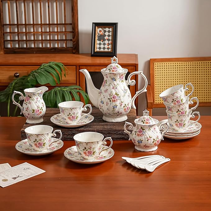 Tea Set 21-Piece Ceramic tea cups and saucers set of 6 with Sugar and Creamer Set,Teapot,teapot set for Adults, Women Tea Party (small crushed flower) - Bloomnest