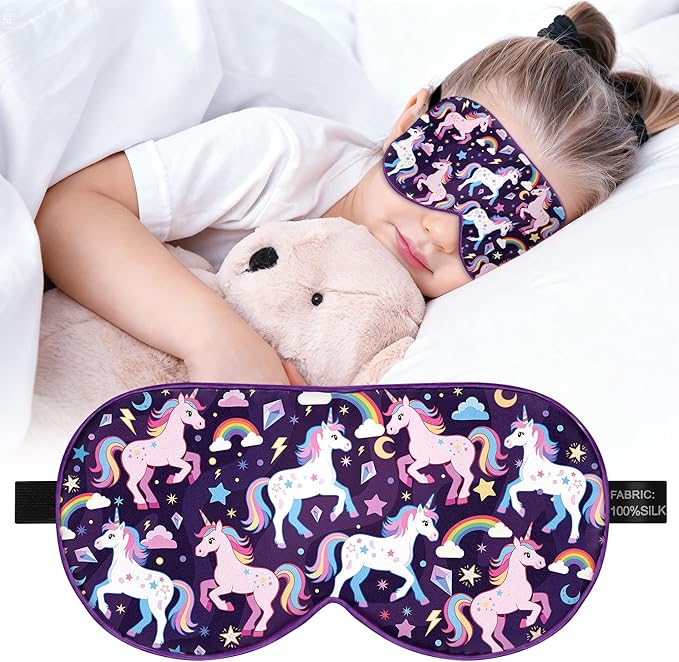 Silk Kids Sleep Mask: 100% Mulberry Silk Eye Mask, Sleeping Masks with Adjustable Strap, Soft & Light-Blocking Printed Kid Eye Cover for Boys Girls Teens Aged 5-15 (Horse Theme) - Bloomnest