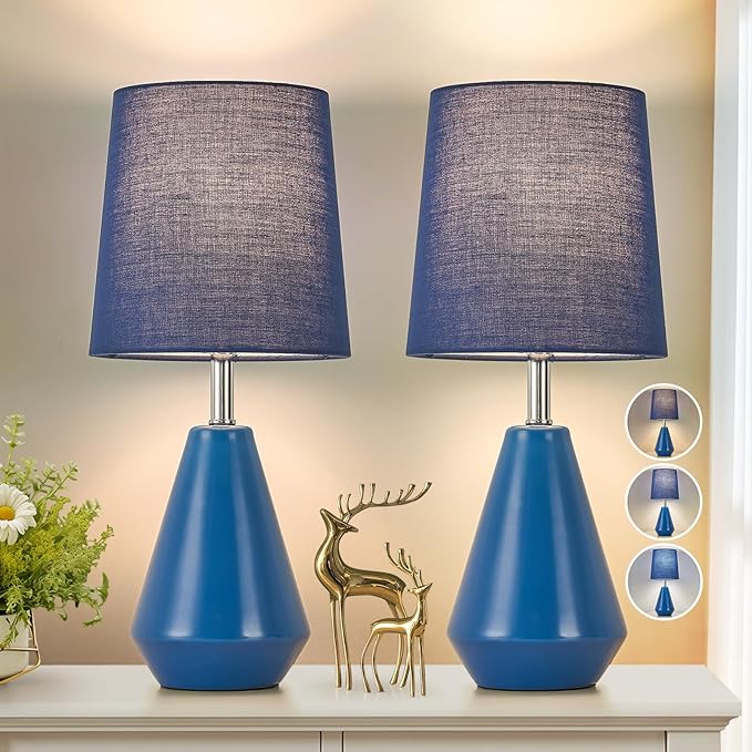 Small Bedside Table Lamp for Bedroom-Reading Desk Lamp Set of 2,with 3 Color Temperatures,15.5" Nightstand Ceramic Lamp with Fabric Shade for Kids Room,Living Room,Dorm,Home Office(Blue) - Bloomnest