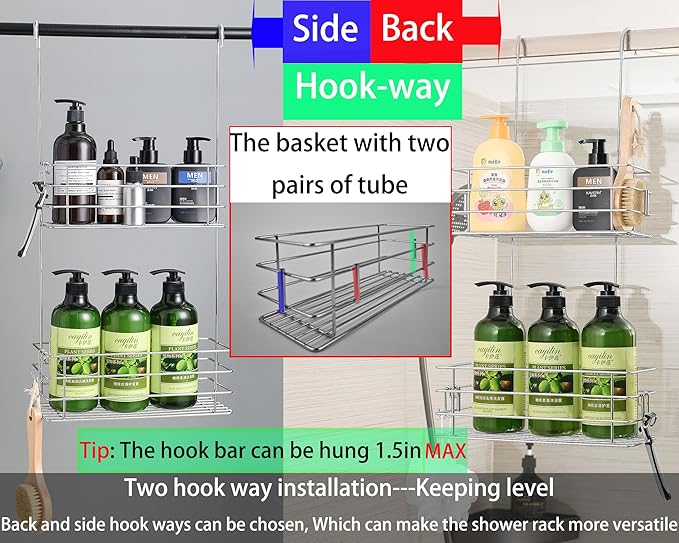 Hanging Shower Rack Shower Caddy with Rotatable Hook bar Over the Door and Can be Hung on the Faucet or Claw Foot, 304 Stainless Steel Rust Proof and Durable (Double-Layer) - Bloomnest