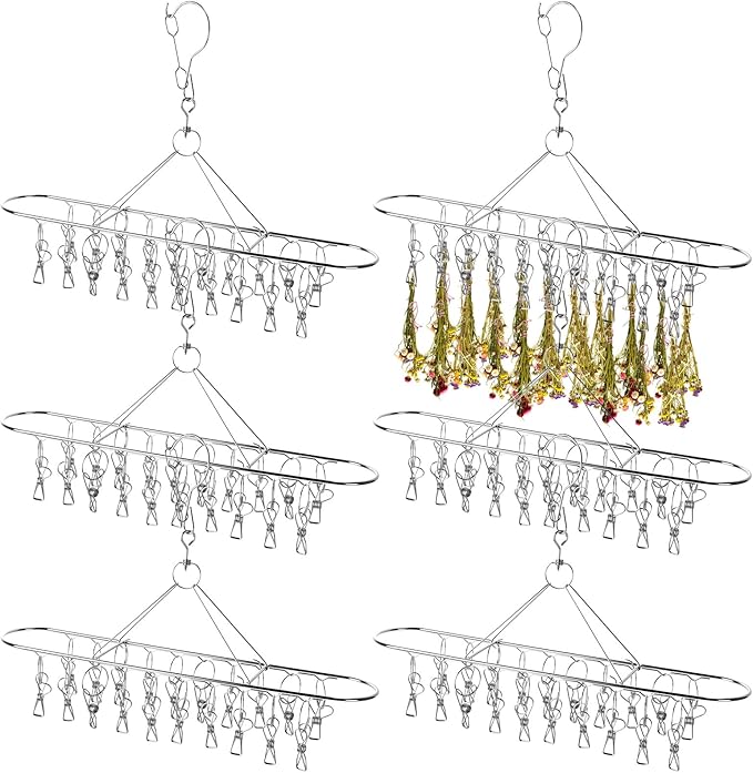 6 Pcs Herb Drying Rack Hanging - Stainless Steel with Clips Clothes Laundry Drying Rack Hanger Collapsible for Plants Bud Weed Onion Macrame Flower Spices(Oval) - Bloomnest