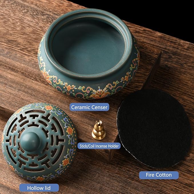 Ceramic Incense Burner with Incense Holder+ Fireproof Cotton,Handmade Smudging Burn Bowl for Stick or Coil Incense,Sage Cones,Frankincense and Mosquito Incense (Enamel) - Bloomnest