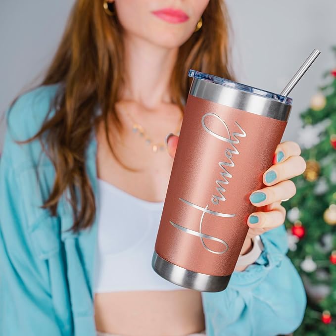 Personalized Tumbler with Engraved Name - 12 Designs, 20 Oz Coffee Tumbler with Slider Lid, Rose Gold, Double Wall Insulated - Custom Gifts for Women - Bloomnest