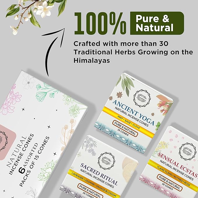 Raajsee Natural Incense Cones,6 Pack Mixed Scents Gift Pack 15 pc Each (90 Total), Insense Cones Variety Pack, 100% Organic Non Toxic Natural - Hand Rolled Free from Chemicals (Pack 3) RAAJSEE