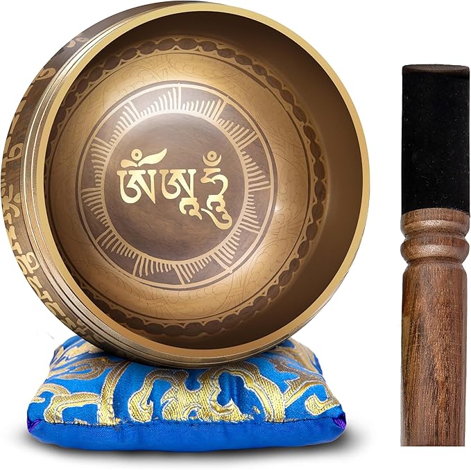 Tibetan Singing Bowl Set - Easy To Play Authentic Handcrafted For Meditation Sound Bowl Chakra Yoga Healing 4 Inches By Himalayan Bazaar (Brown & Blue)