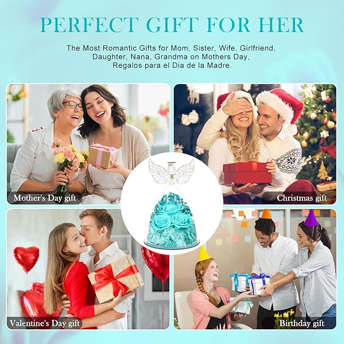 Valentines Day Preserved Flower Rose Gifts for Women, Forever Eternal Fresh Flowers Flores in Glass Angel Figurines for Delivery for Grandma Mom Sister Her Wife Mothers Day from Daughter Birthday - Bloomnest
