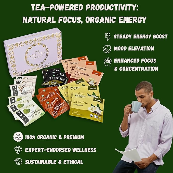 Tea Sampler Gift Set - Productivity Pack - 18 Assorted Organic Tea Bags - Supports Focus, Energy, Concentration, and Overall Wellness - Black, Chai, Matcha, Green, and More - Best Holiday Gifts 2024 - Bloomnest