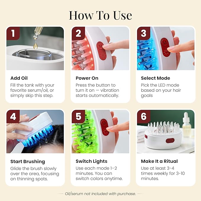 7-1 Red Light Hair Brush Comb | Vibrating Electric Red Light Scalp Massager + Oil Applicator for Fuller-Looking Hair Care | Scalp Massage for Head Spa | Portable, Cordless & Waterproof Scalpistry