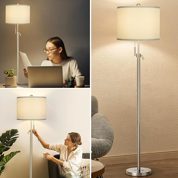 Brushed Nickel Floor Lamp for Living Room, Adjustable Height Standing Lamp with Metal Base, Tall Pole Light with Grey Shade for Bedroom, 8W 4000K 3-Way LED Bulb Included (Brushed Nickel, Grey Shade) - Bloomnest