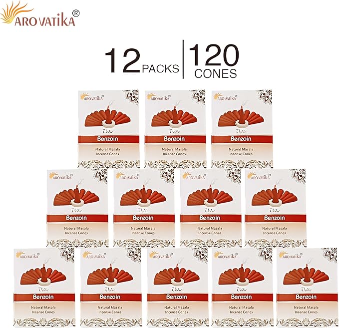 ARO VATIKA Vedic Benzoin Natural Masala 120 Incense Cones in Pack of 12 Boxes | Environment-Friendly Dhoop | Best for Prayer, Reiki, Meditation & Relaxation | Burn time- 25 mins AROVATIKA