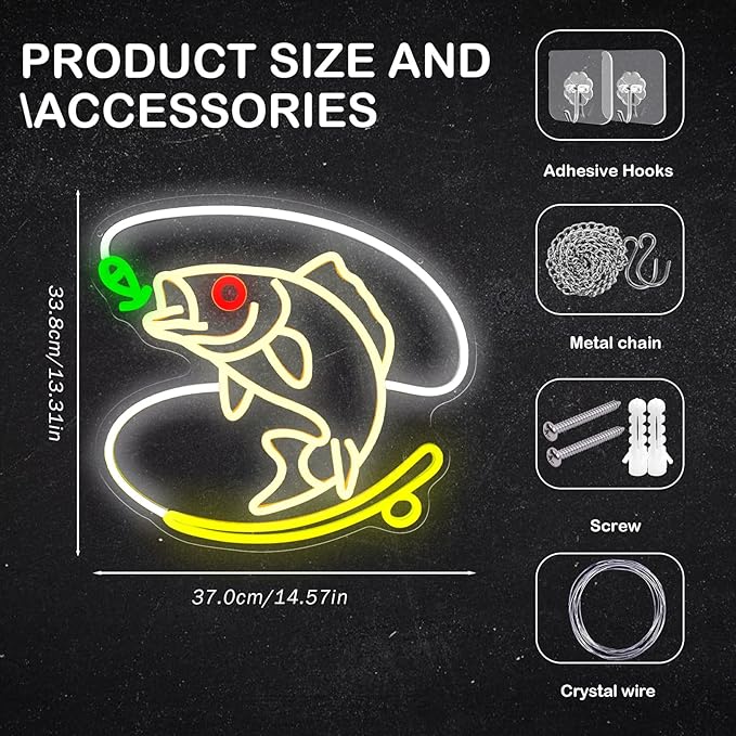 Fishing Neon Sign, Dimmable Fish LED Neon Lights for Wall Decor, USB Powered Fishing Hook Neon Lights for Man Cave, Cabin, Living Room, Fishermen Gifts (14.6 x 13.3 in) - Bloomnest