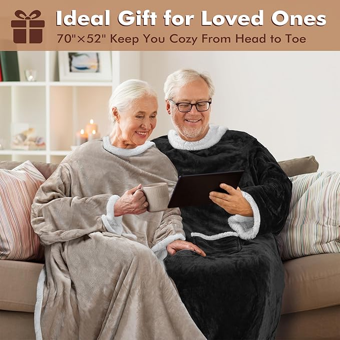 Tirrinia Sherpa Wearable Blanket With Sleeves, Full Body Throw Reading Wrap TV Blankets - Bloomnest