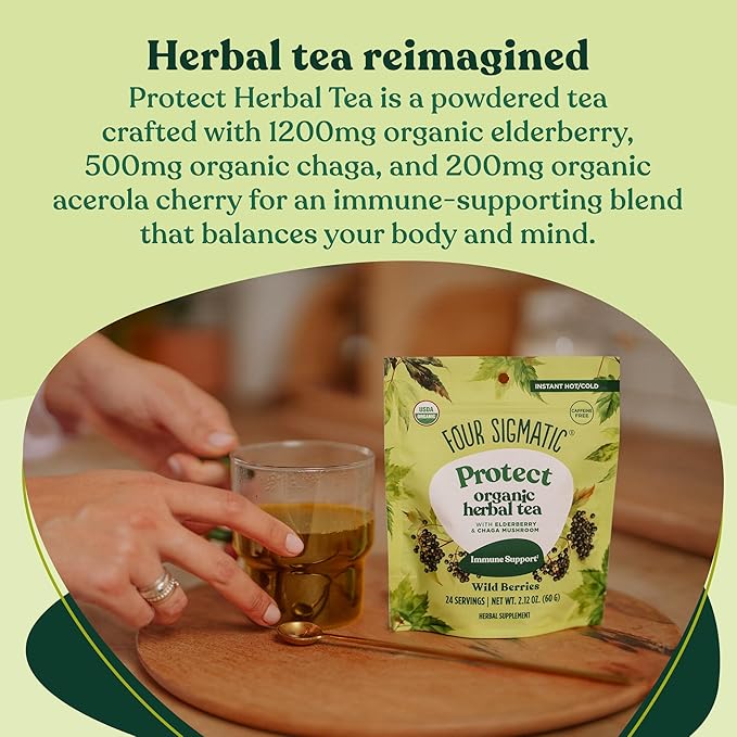 Four Sigmatic Protect Organic Herbal Tea | Immunity Tea w/Chaga & Adaptogens | Organic Chaga Tea w/Antioxidant-Rich Cherry, Elderberry & Blueberry | Vegan, Gluten-Free | Wild Berries, 24 Servings - Bloomnest