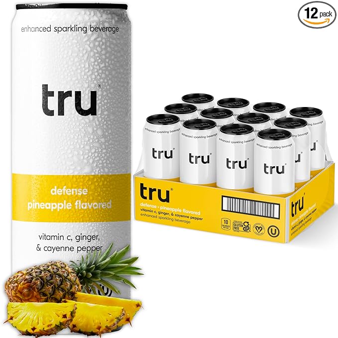 Tru Defense Seltzer, Sparkling Water with Vitamin C, Ginger Extract, Cayenne Pepper & Real Pineapple Juice, Sweetened with Monk Fruit & Stevia, Gluten Free, Vegan, Caffeine Free, 12 FL OZ Can, 12 Pack - Bloomnest
