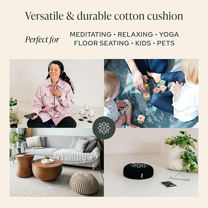 Mindful & Modern Large Meditation Cushion | Zafu Yoga Bolster Meditation Floor Pillow Seat | Buckwheat Hull Filled Crescent Shaped Cushion with Removable Washable Cover + Carry Handle - Bloomnest