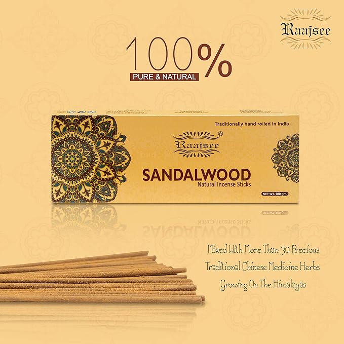 Raajsee Sandalwood Incense Sticks 100 Gm Pack-100% Pure Organic Natural Hand Rolled Free from Chemicals-for Church,Aroma Therapy,Relaxation,Meditation & Sensual Therapy RAAJSEE