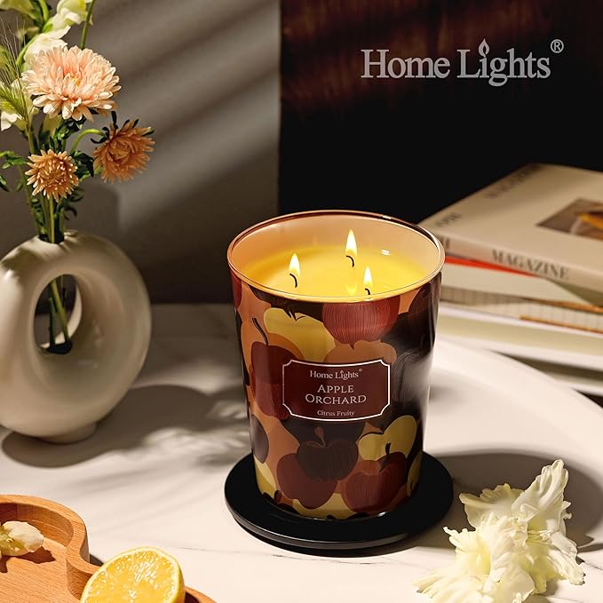 HomeLights Large jar Candle | 3-Wick Long-Lasting Scented Candles, 34oz Natural Soy Wax Candle for Home Scented, Eclectic Mixed Styles Gifts for Women & Men, Apple Orchard - Bloomnest