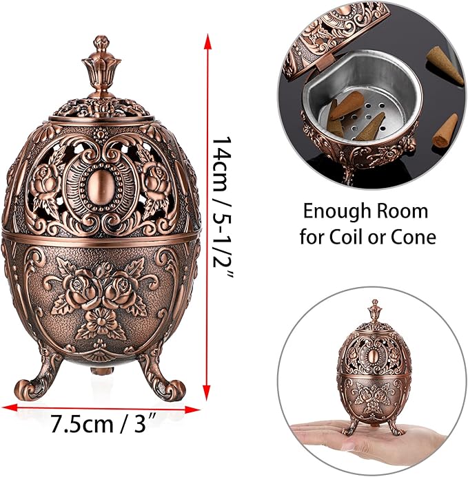 JUXYES Vintage Incense Burner Holder with Removable Ash Catchers, Metal Censer Antique Cone Coil Incense Burner Holder Zinc Alloy Spiritual Aromatherapy Yoga Meditation Gifts Retro Home Decoration - Bloomnest